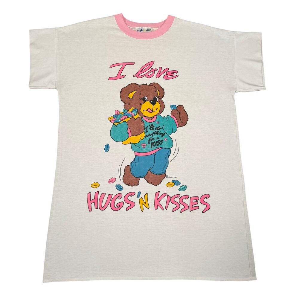 80s Teddy Bear I Love Hugs N Kisses White Pink Ringer Nightshirt Women’s Large